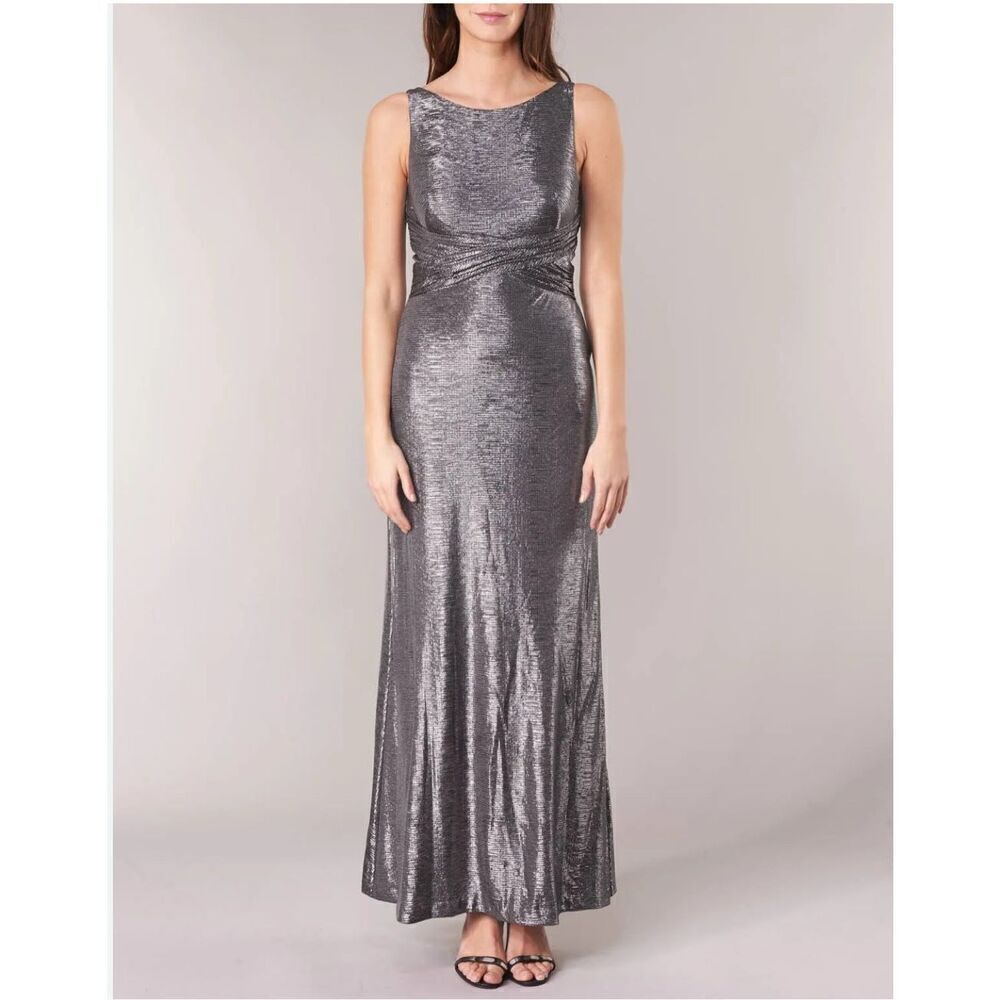 NWT RALPH LAUREN Dilamana METALLIC LONG SLEEVELESS SILVER DRESS SIZE 6
